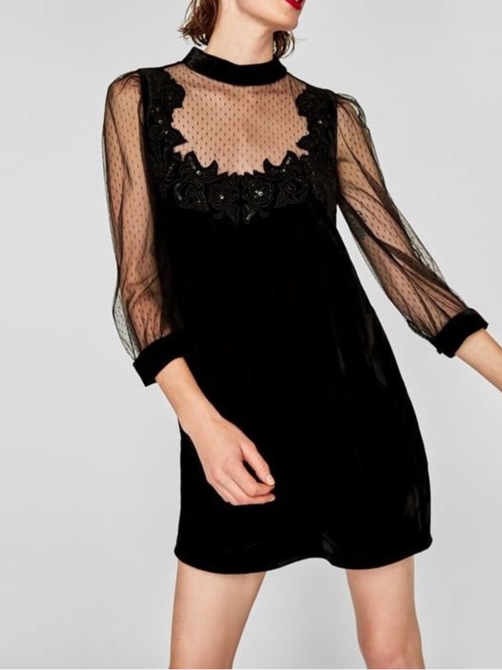 Zara Black Velvet & Sheer Lace Yoke Cocktail Dress